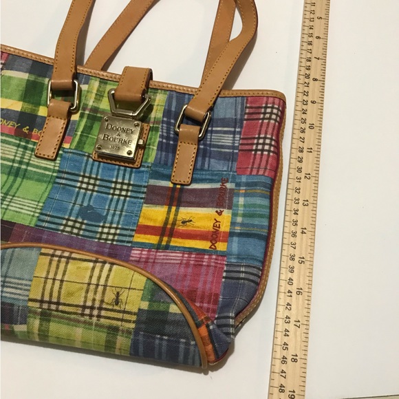 Dooney & Bourke Picnic Ant Colorful Spring Plaid Fabric Leather Satchel Purse - Picture 4 of 9